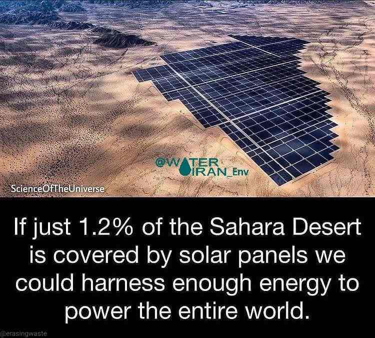  آیا می دانید؟  اگر فقط ٪۱/۲ صحرای بزرگ آفریقا توسط صفحات خورشیدی پوشانده شود، می توانیم انرژی کافی 
