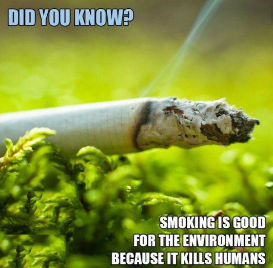 آیا میدانید سیگار کشیدن برای ⁧محیط زیست ⁩مفید است ؟   زیرا باعث از بین رفتن انسان ها میشود .